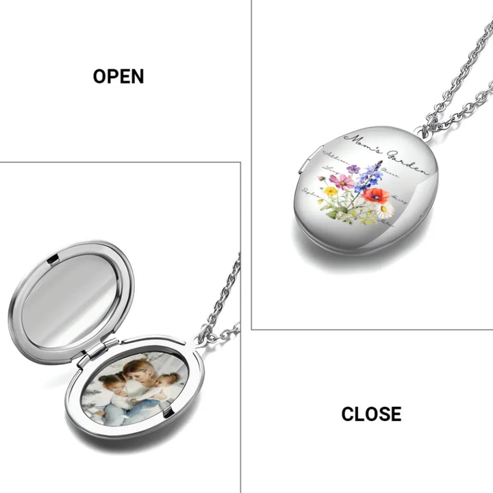 Custom-Birth-Month-Flower-Bouquet-Oval-Locket-Necklace-open-and-close-artfulane