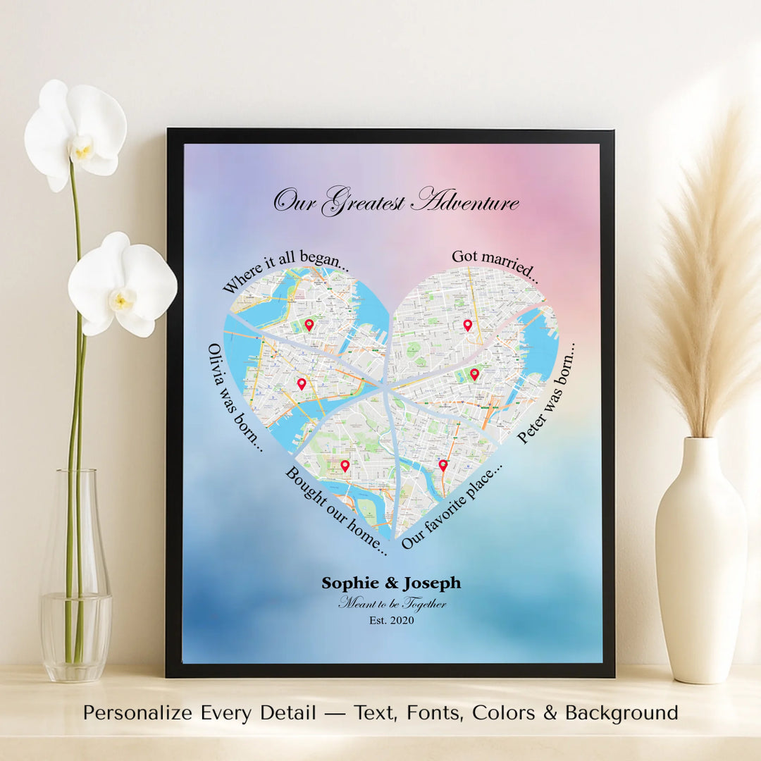 Custom Heart-Shaped Six Location Map Wall Art -framed canvas on table-ARTFULANE