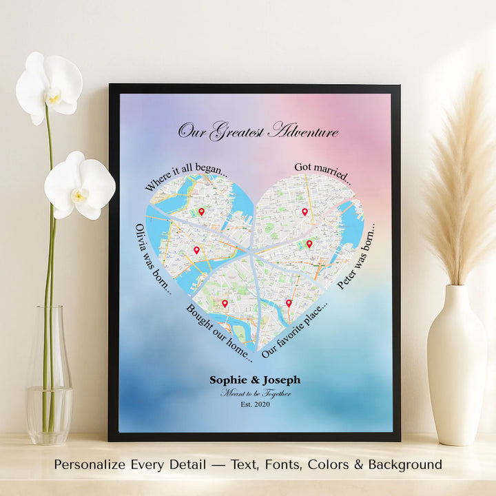 Custom Heart-Shaped Six Location Map Wall Art -framed canvas on table-ARTFULANE