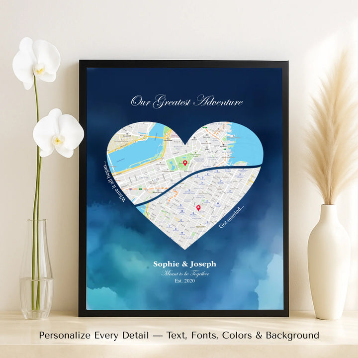 Custom Heart-Shaped Two Location Map Wall Art -framed canvas on table-ARTFULANE