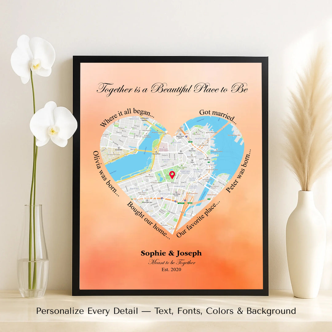 Custom Heart-Shaped Location Map Wall Art -framed canvas on table-ARTFULANE