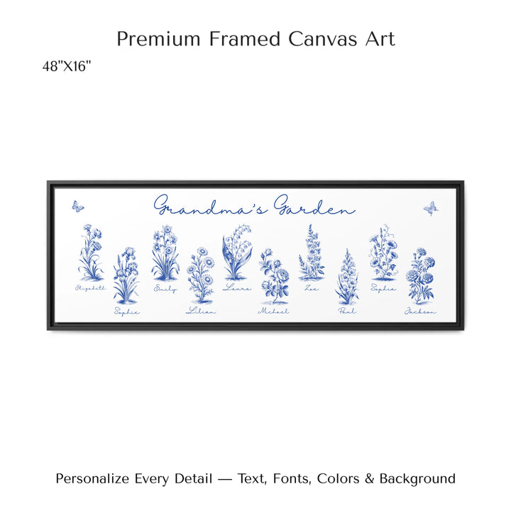 48x16 framed canvas-Personalized Toile Birth Month Flower Wall Art on framed canvas, featuring custom names, butterflies, and flowers in any color option-ARTFULANE