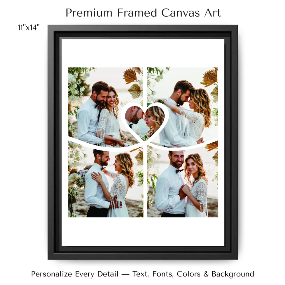 Custom Photo Center Heart Wall Art with four square photos and a central heart image, personalized black and white or color wall décor-11x14 framed canvas-ARTFULANE