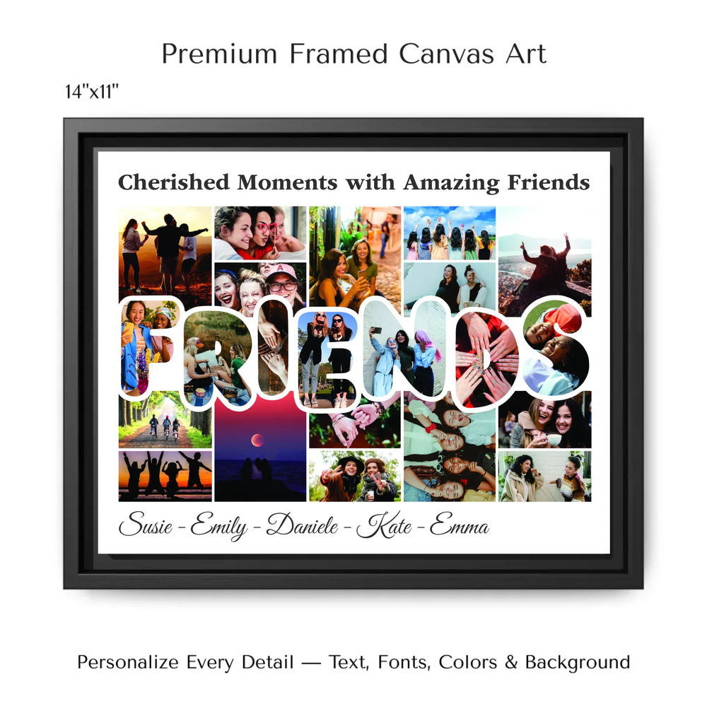 Custom Photo Friends Wall Art with photo collage and FRIENDS block letters filled with photos, personalized friendship wall décor-14x11 framed canvas-ARTFULANE
