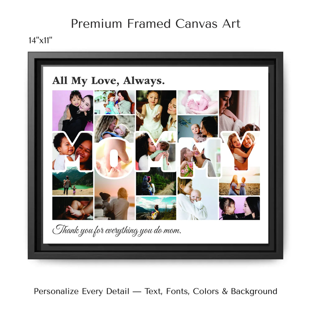 Custom Photo Mommy Wall Art with photo collage and MOMMY block letters filled with family photos, personalized mother’s wall décor-14x11 framed canvas-ARTFULANE