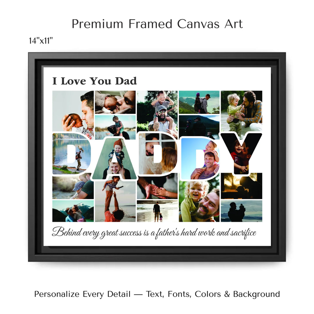 Custom Photo Daddy Wall Art with photo collage and DADDY block letters filled with family photos, personalized father’s wall décor-14x11 framed canvas-ARTFULANE