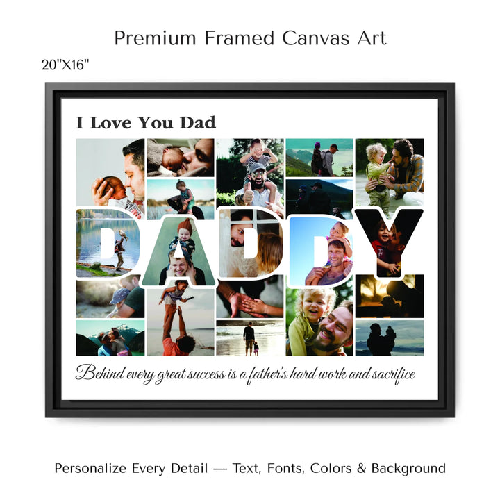 Custom Photo Daddy Wall Art with photo collage and DADDY block letters filled with family photos, personalized father’s wall décor-20x16 framed canvas-ARTFULANE