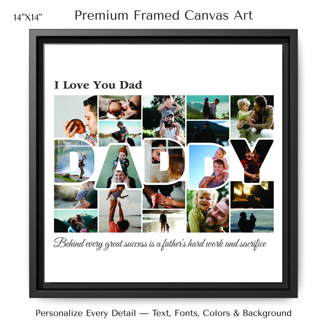 Custom Photo Daddy Wall Art with photo collage and DADDY block letters filled with family photos, personalized father’s wall décor-14x14 framed canvas-ARTFULANE