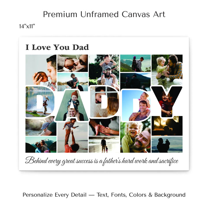 Custom Photo Daddy Wall Art with photo collage and DADDY block letters filled with family photos, personalized father’s wall décor-14x11 stretched canvas-ARTFULANE