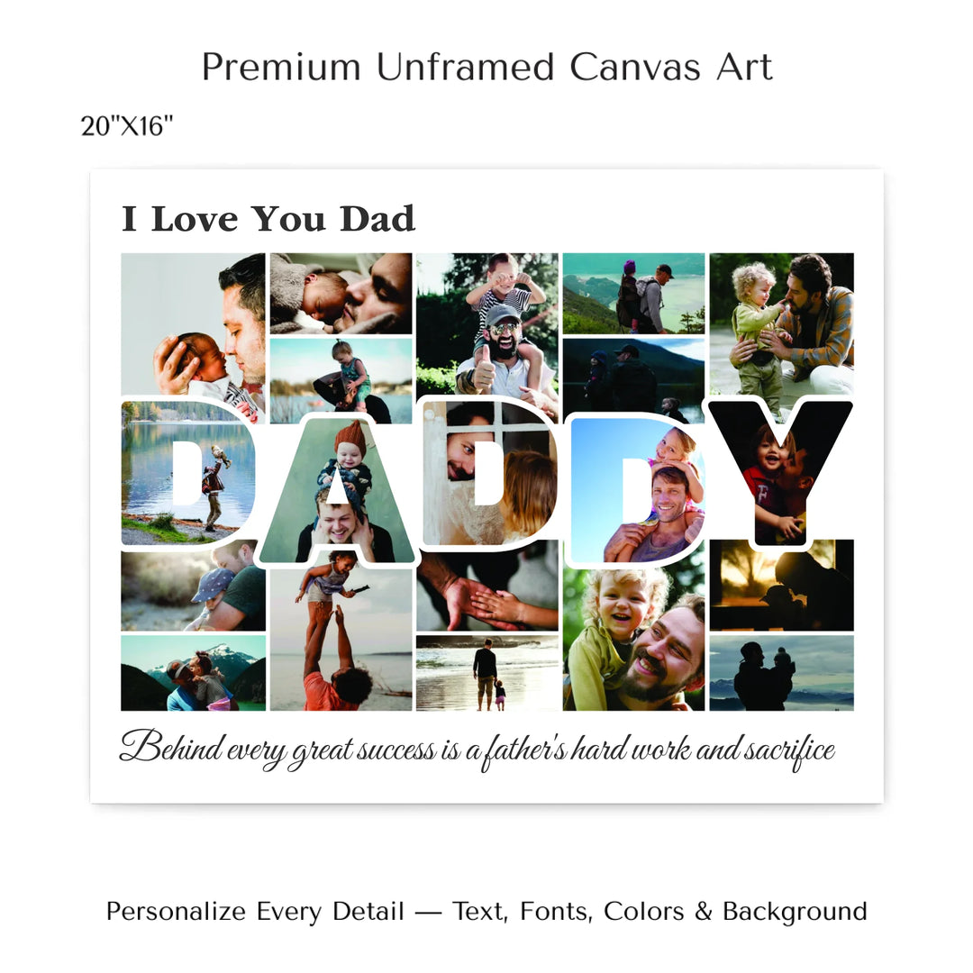 Custom Photo Daddy Wall Art with photo collage and DADDY block letters filled with family photos, personalized father’s wall décor-20x16 stretched canvas-ARTFULANE
