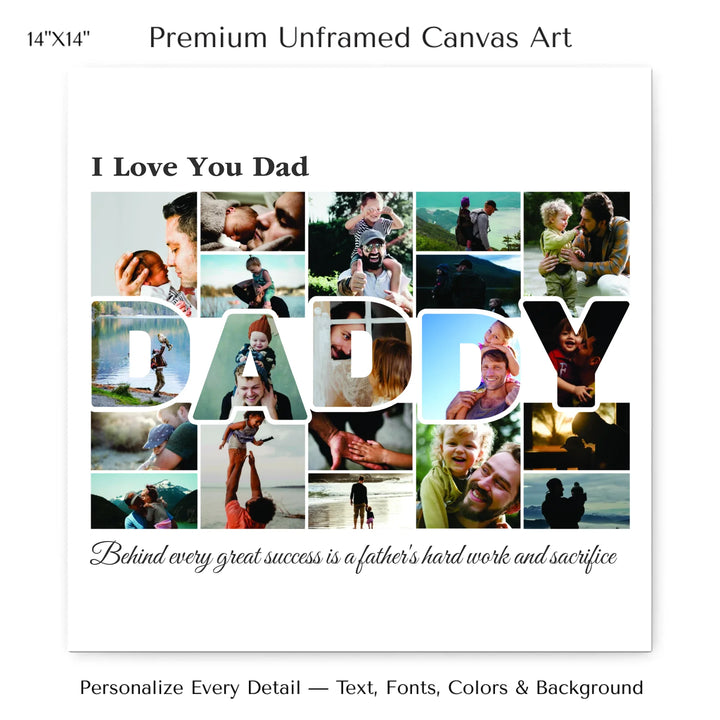 Custom Photo Daddy Wall Art with photo collage and DADDY block letters filled with family photos, personalized father’s wall décor-14x14 stretched canvas-ARTFULANE