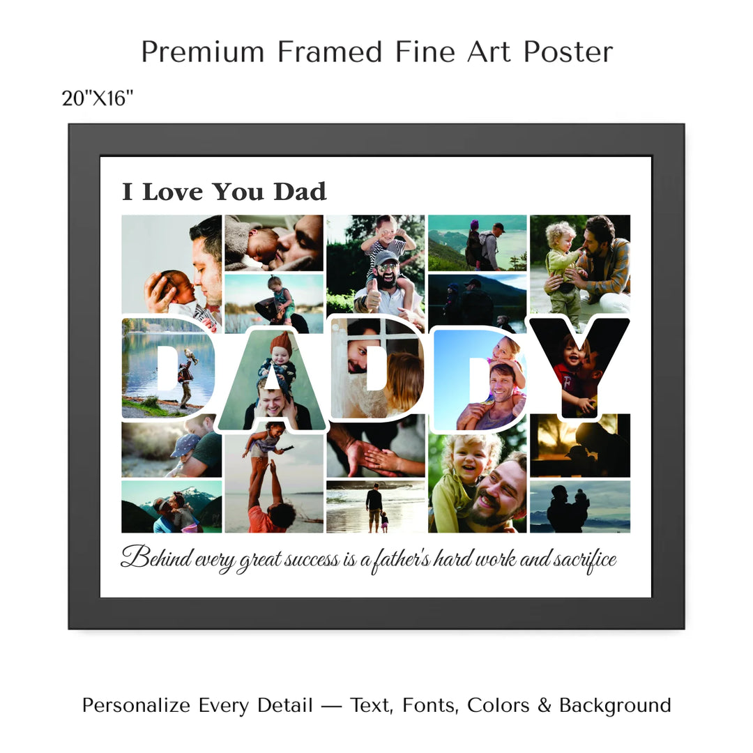 Custom Photo Daddy Wall Art with photo collage and DADDY block letters filled with family photos, personalized father’s wall décor-20x16 framed poster-ARTFULANE