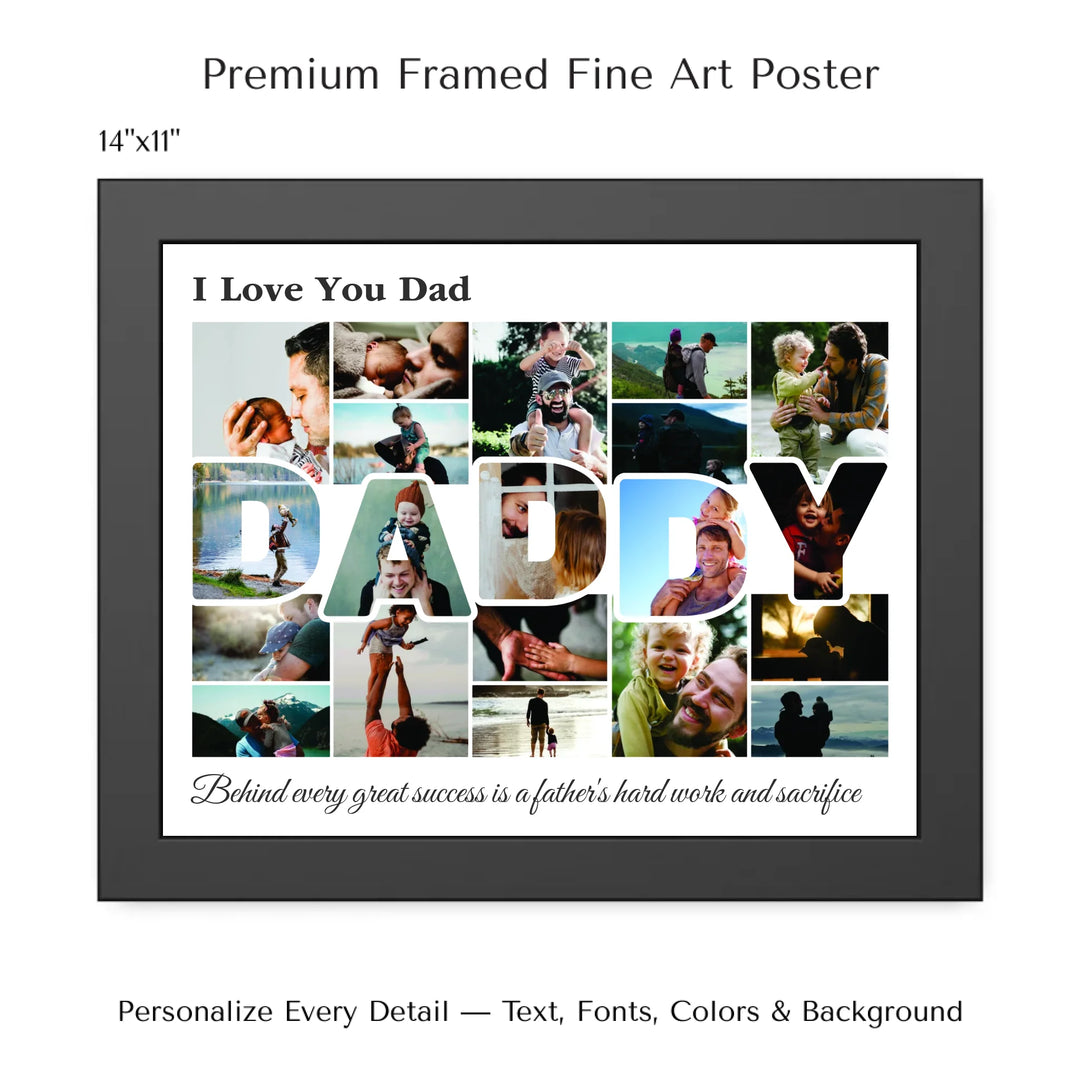 Custom Photo Daddy Wall Art with photo collage and DADDY block letters filled with family photos, personalized father’s wall décor-14x11 framed poster-ARTFULANE
