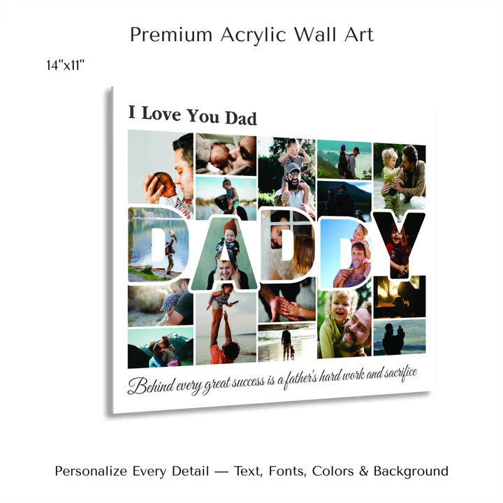 Custom Photo Daddy Wall Art with photo collage and DADDY block letters filled with family photos, personalized father’s wall décor-14x11 acrylic print with french cleat-ARTFULANE