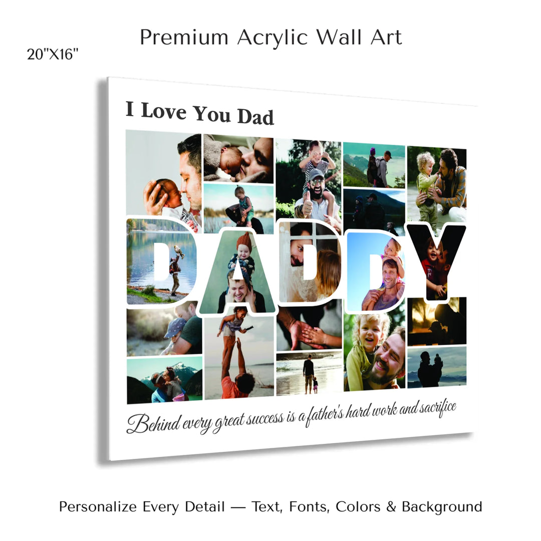 Custom Photo Daddy Wall Art with photo collage and DADDY block letters filled with family photos, personalized father’s wall décor-20x16 acrylic print with french cleat-ARTFULANE