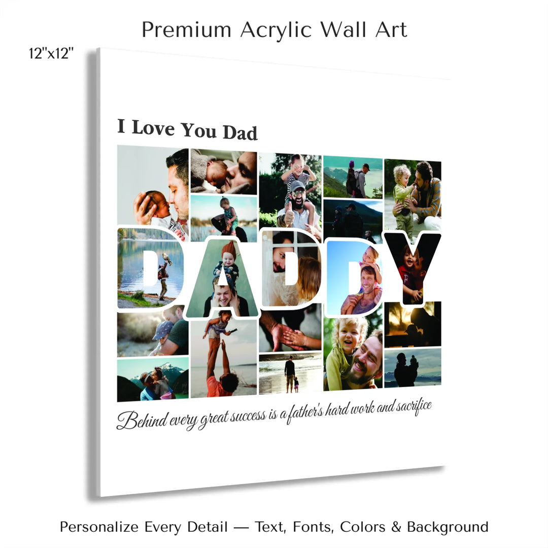 Custom Photo Daddy Wall Art with photo collage and DADDY block letters filled with family photos, personalized father’s wall décor-12x12 acrylic print with french cleat-ARTFULANE