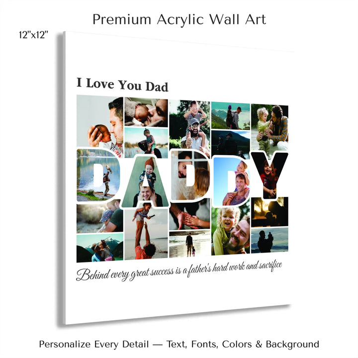 Custom Photo Daddy Wall Art with photo collage and DADDY block letters filled with family photos, personalized father’s wall décor-12x12 acrylic print with french cleat-ARTFULANE