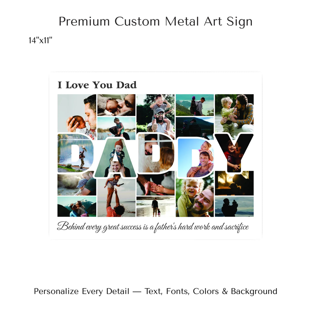 Custom Photo Daddy Wall Art with photo collage and DADDY block letters filled with family photos, personalized father’s wall décor-14x11 metal art sign-ARTFULANE