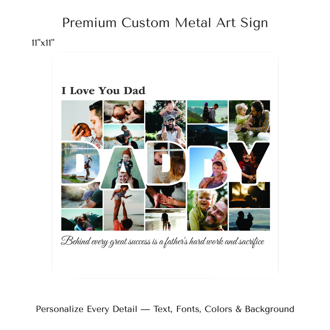 Custom Photo Daddy Wall Art with photo collage and DADDY block letters filled with family photos, personalized father’s wall décor-11x11 metal art sign-ARTFULANE
