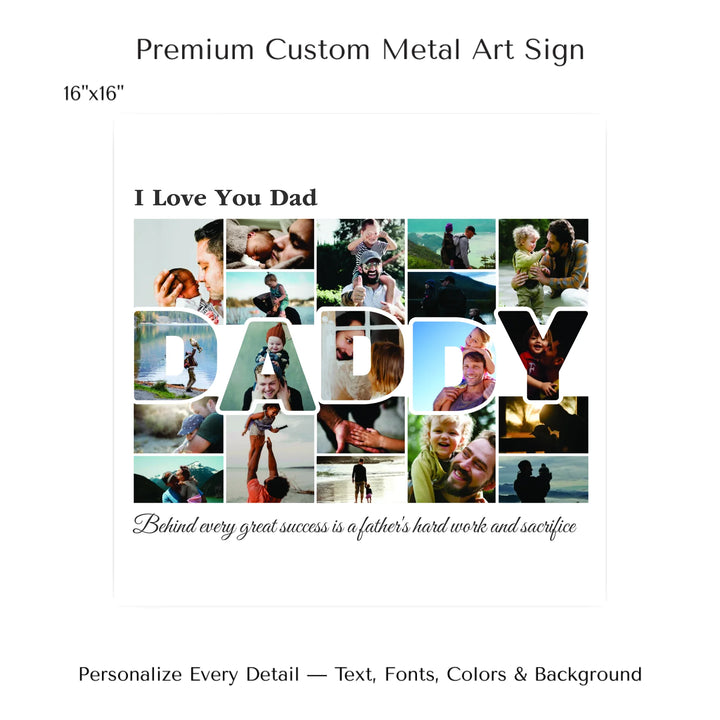 Custom Photo Daddy Wall Art with photo collage and DADDY block letters filled with family photos, personalized father’s wall décor-16x16 metal art sign-ARTFULANE