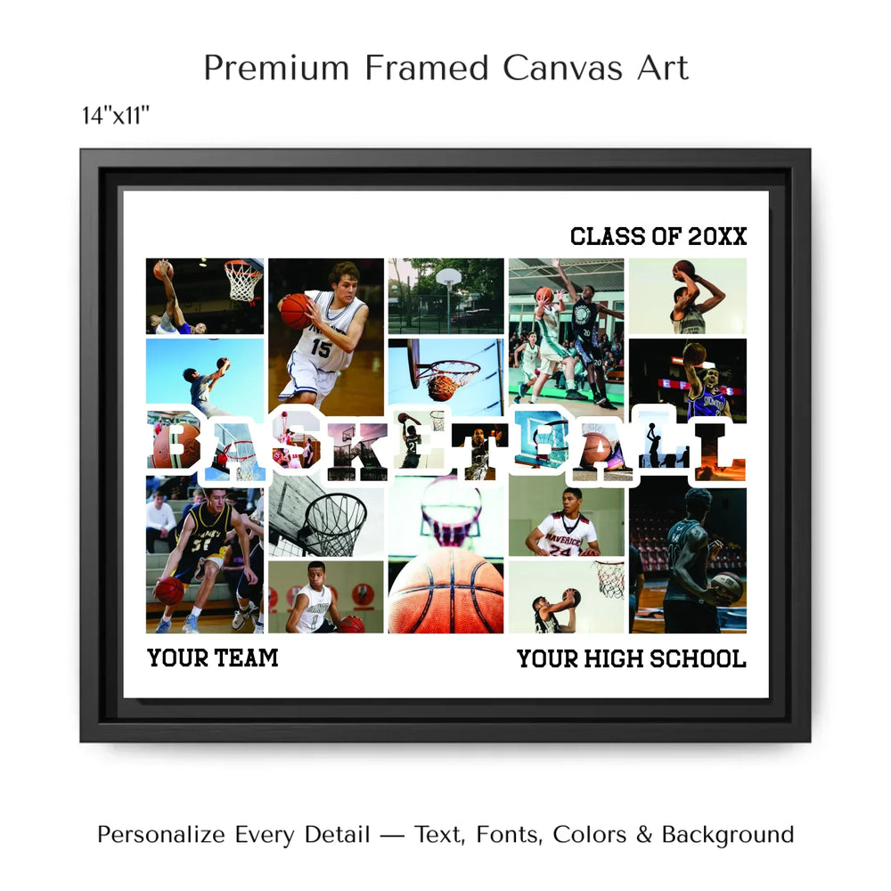 Custom photo basketball wall art with collage photos above and below BASKETBALL, personalized sports wall decor-14x11 framed canvas-ARTFULANE