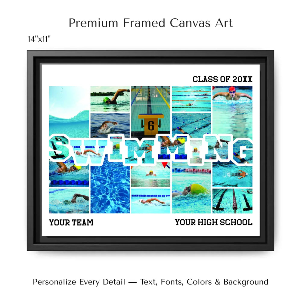 Custom photo swimming wall art with collage photos above and below SWIMMING, personalized sports wall decor-14x11 framed canvas-ARTFULANE
