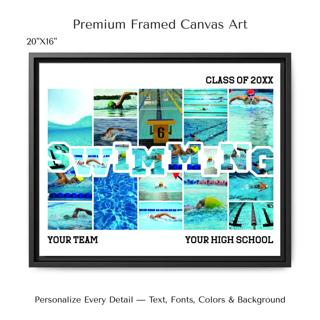 Custom photo swimming wall art with collage photos above and below SWIMMING, personalized sports wall decor-20x16 framed canvas-ARTFULANE