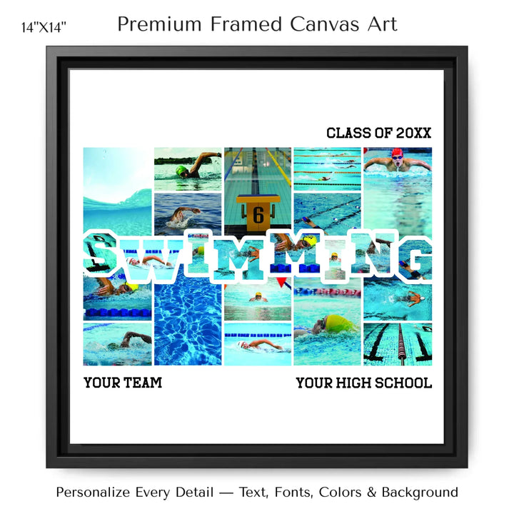 Custom photo swimming wall art with collage photos above and below SWIMMING, personalized sports wall decor-14x14 framed canvas-ARTFULANE