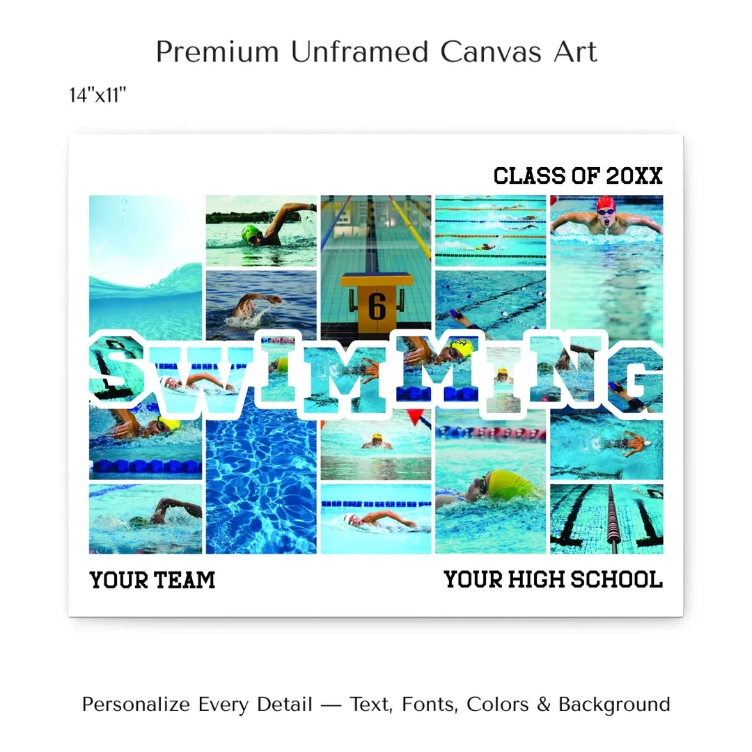 Custom photo swimming wall art with collage photos above and below SWIMMING, personalized sports wall decor-14x11 stretched canvas-ARTFULANE