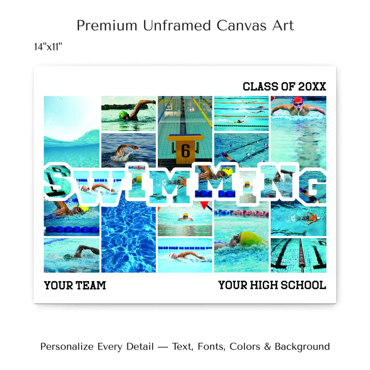 Custom photo swimming wall art with collage photos above and below SWIMMING, personalized sports wall decor-14x11 stretched canvas-ARTFULANE