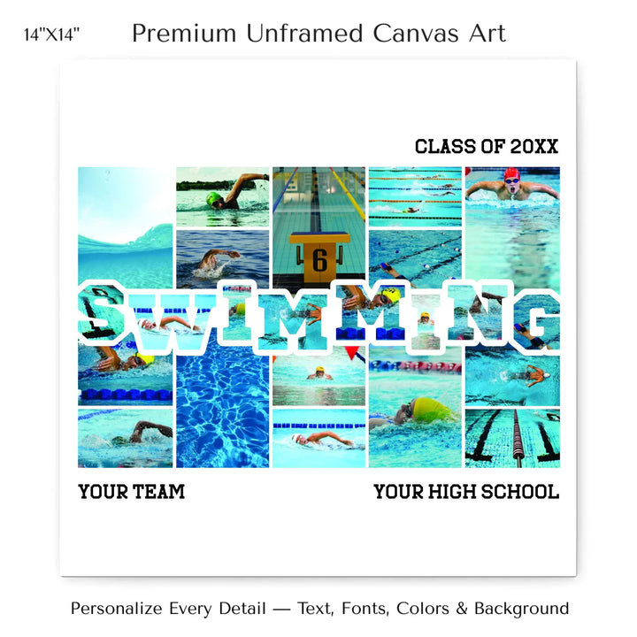 Custom photo swimming wall art with collage photos above and below SWIMMING, personalized sports wall decor-14x14 stretched canvas-ARTFULANE