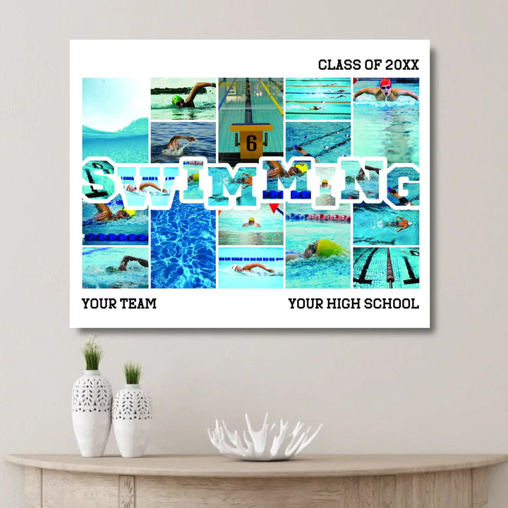 Custom photo swimming wall art with collage photos above and below SWIMMING, personalized sports wall decor-unframed canvas on wall-ARTFULANE