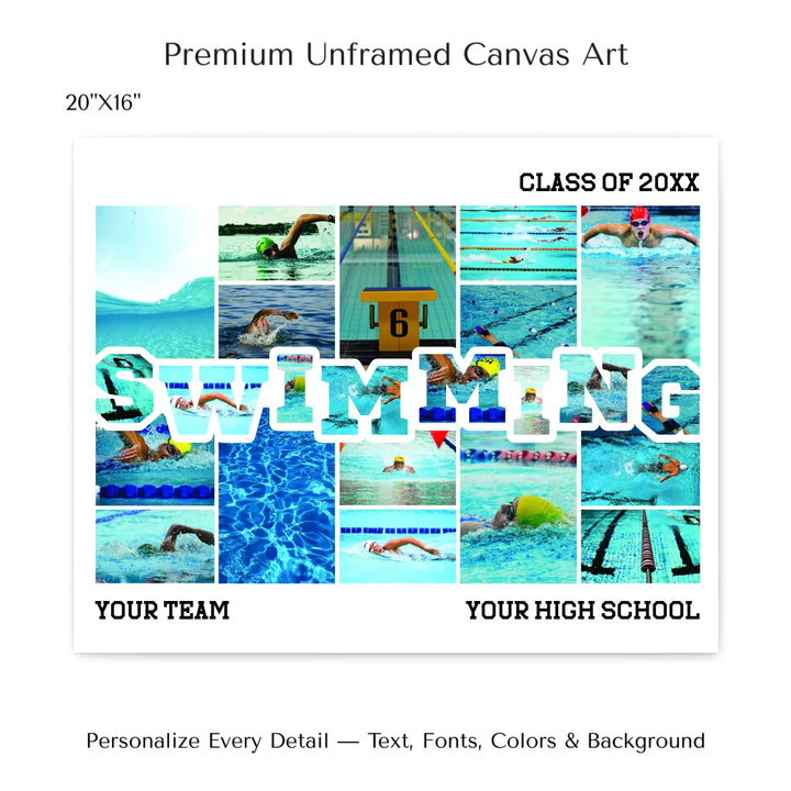 Custom photo swimming wall art with collage photos above and below SWIMMING, personalized sports wall decor-20x16 stretched canvas-ARTFULANE