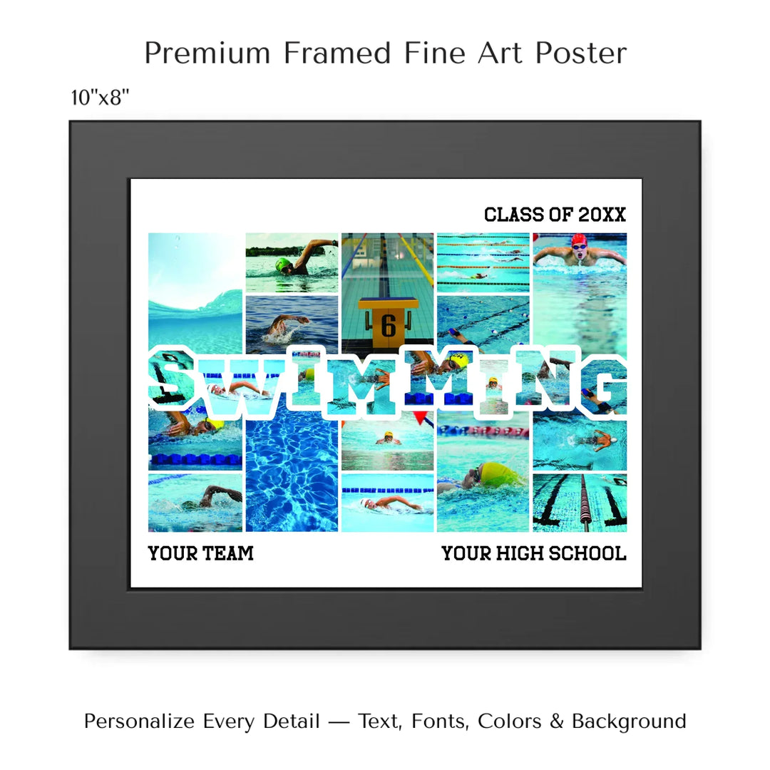 Custom photo swimming wall art with collage photos above and below SWIMMING, personalized sports wall decor-10x8 framed poster-ARTFULANE