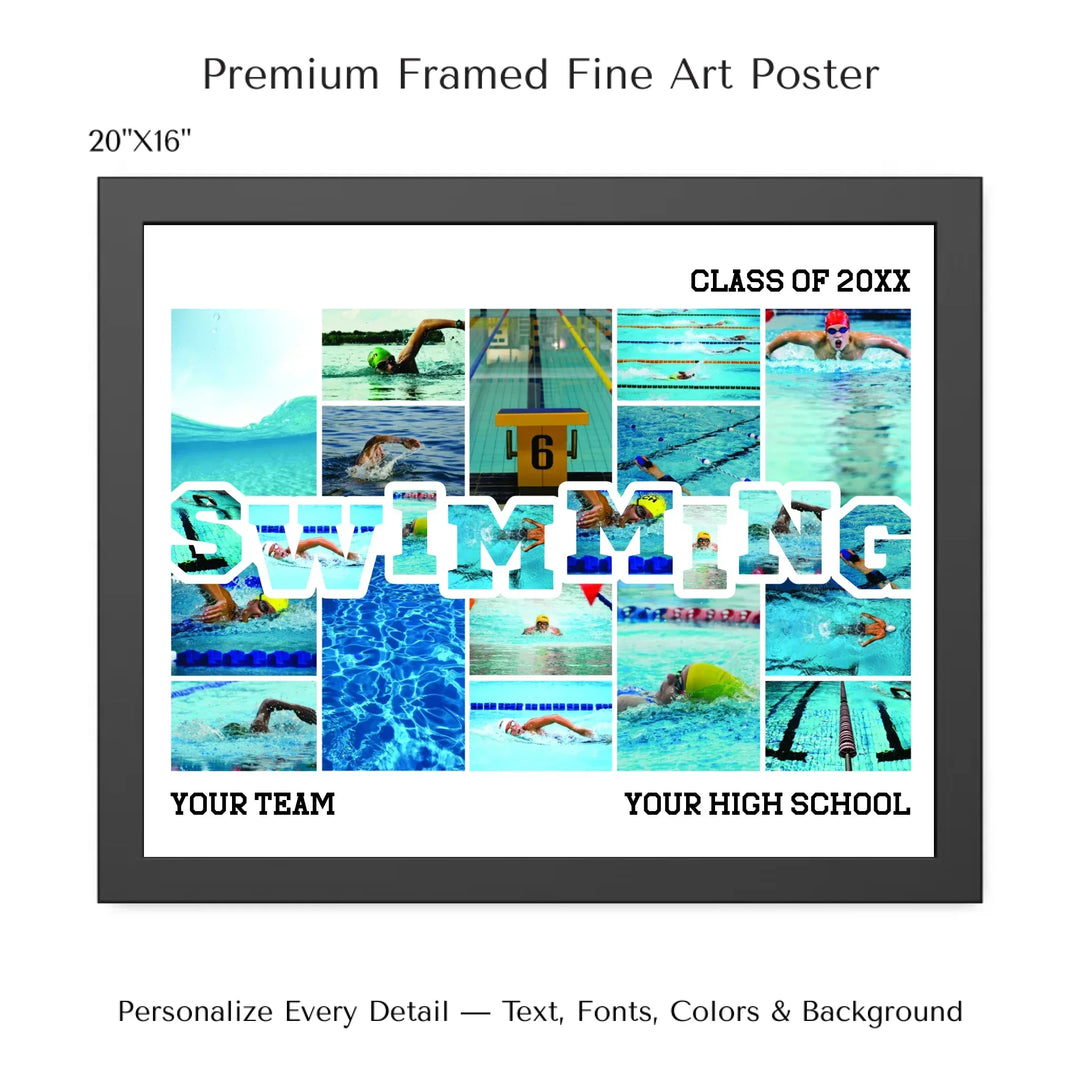 Custom photo swimming wall art with collage photos above and below SWIMMING, personalized sports wall decor-20x16 framed poster-ARTFULANE