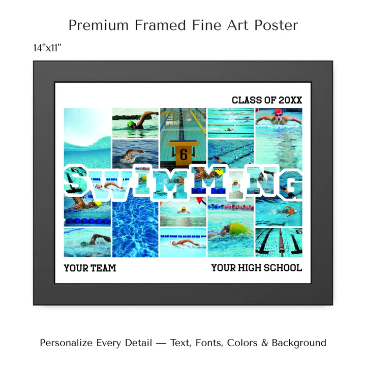 Custom photo swimming wall art with collage photos above and below SWIMMING, personalized sports wall decor-14x11 framed poster-ARTFULANE