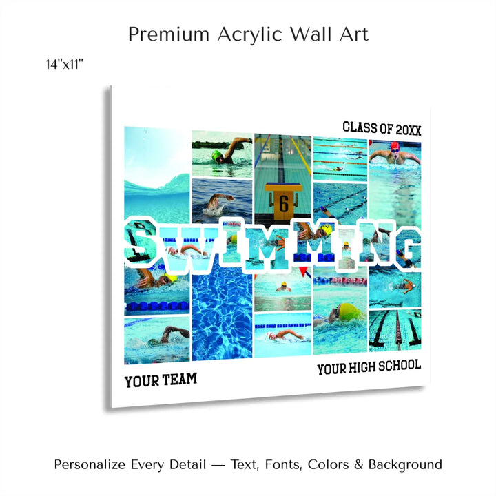 Custom photo swimming wall art with collage photos above and below SWIMMING, personalized sports wall decor-14x11 acrylic print with french cleat-ARTFULANE