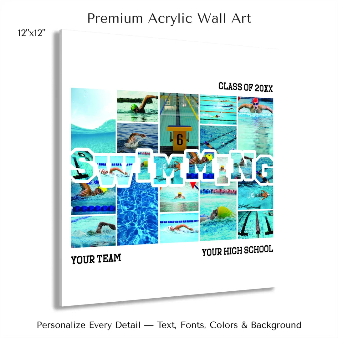 Custom photo swimming wall art with collage photos above and below SWIMMING, personalized sports wall decor-12x12 acrylic print with french cleat-ARTFULANE