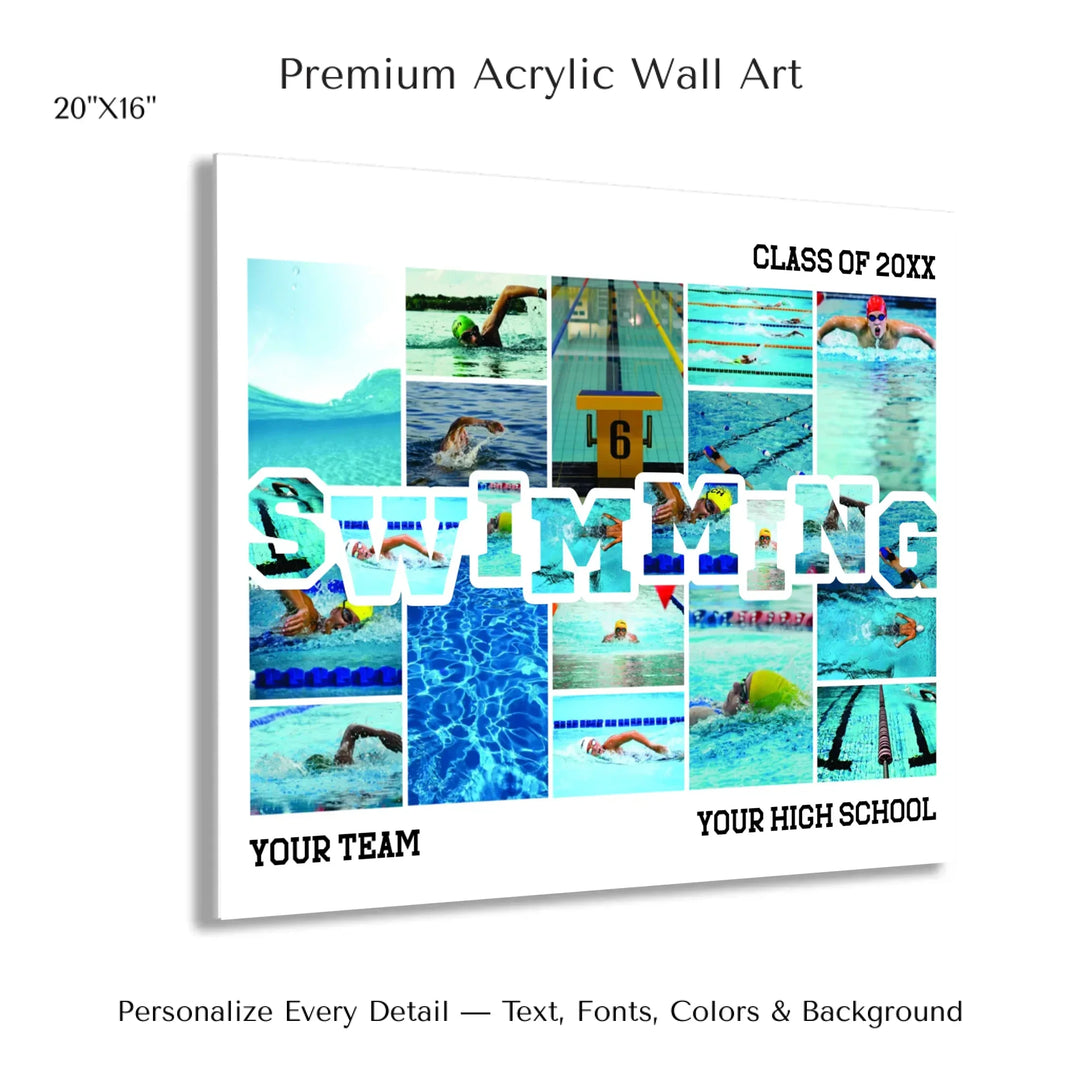 Custom photo swimming wall art with collage photos above and below SWIMMING, personalized sports wall decor-20x16 acrylic print with french cleat-ARTFULANE