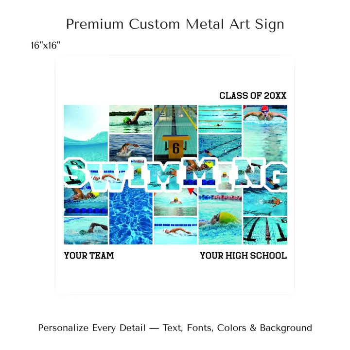 Custom photo swimming wall art with collage photos above and below SWIMMING, personalized sports wall decor-16x16 metal art sign-ARTFULANE