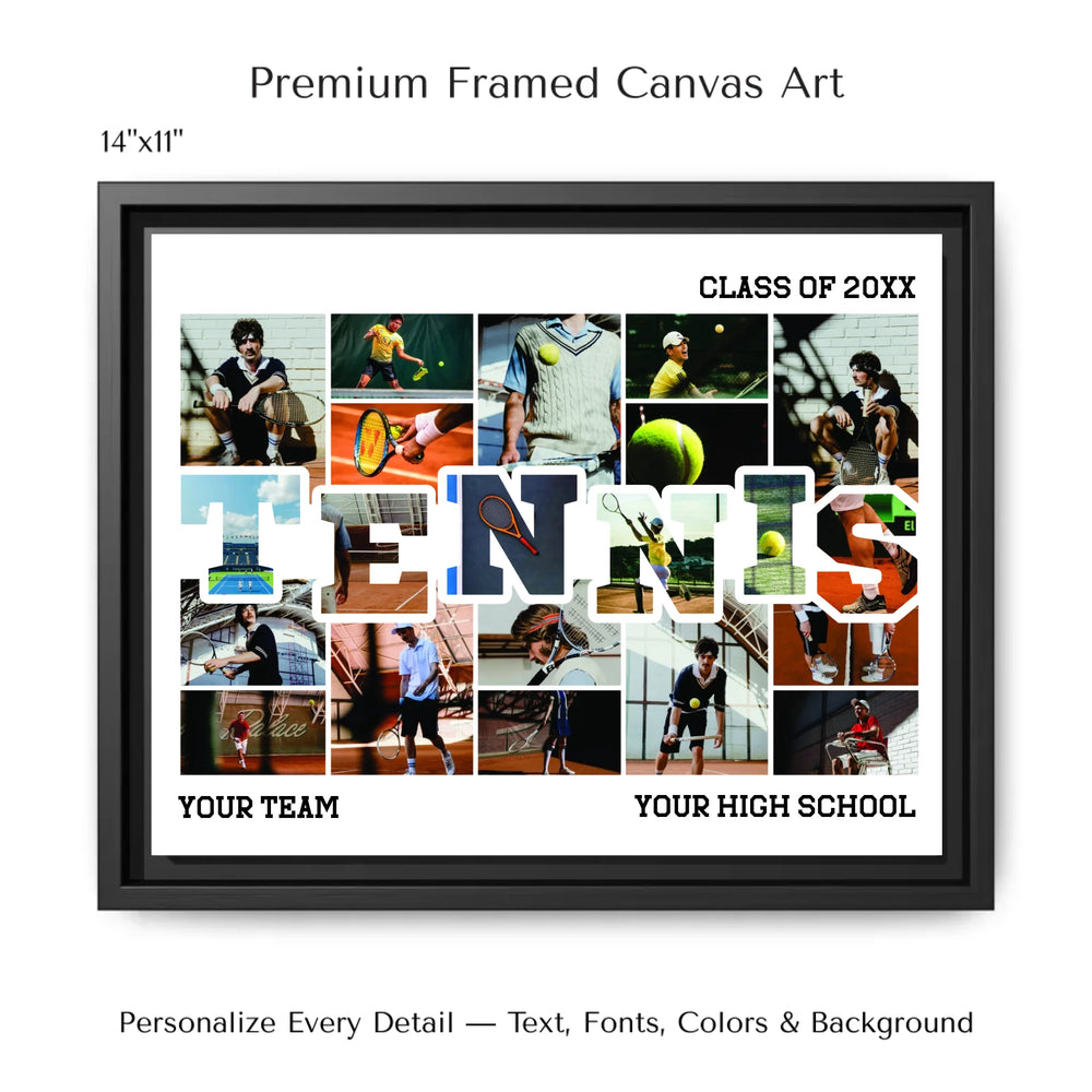 Custom photo tennis wall art with collage photos above and below TENNIS, personalized sports wall decor-14x11 framed canvas-ARTFULANE