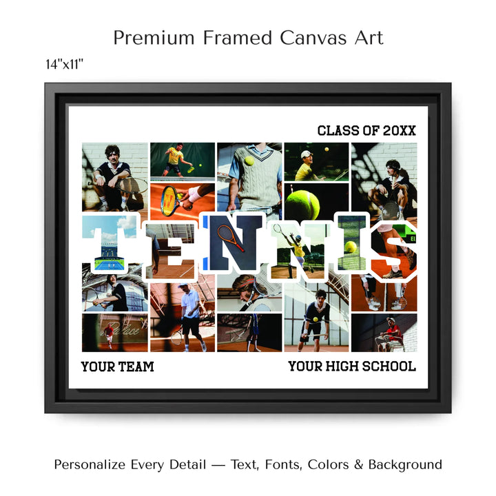 Custom photo tennis wall art with collage photos above and below TENNIS, personalized sports wall decor-14x11 framed canvas-ARTFULANE