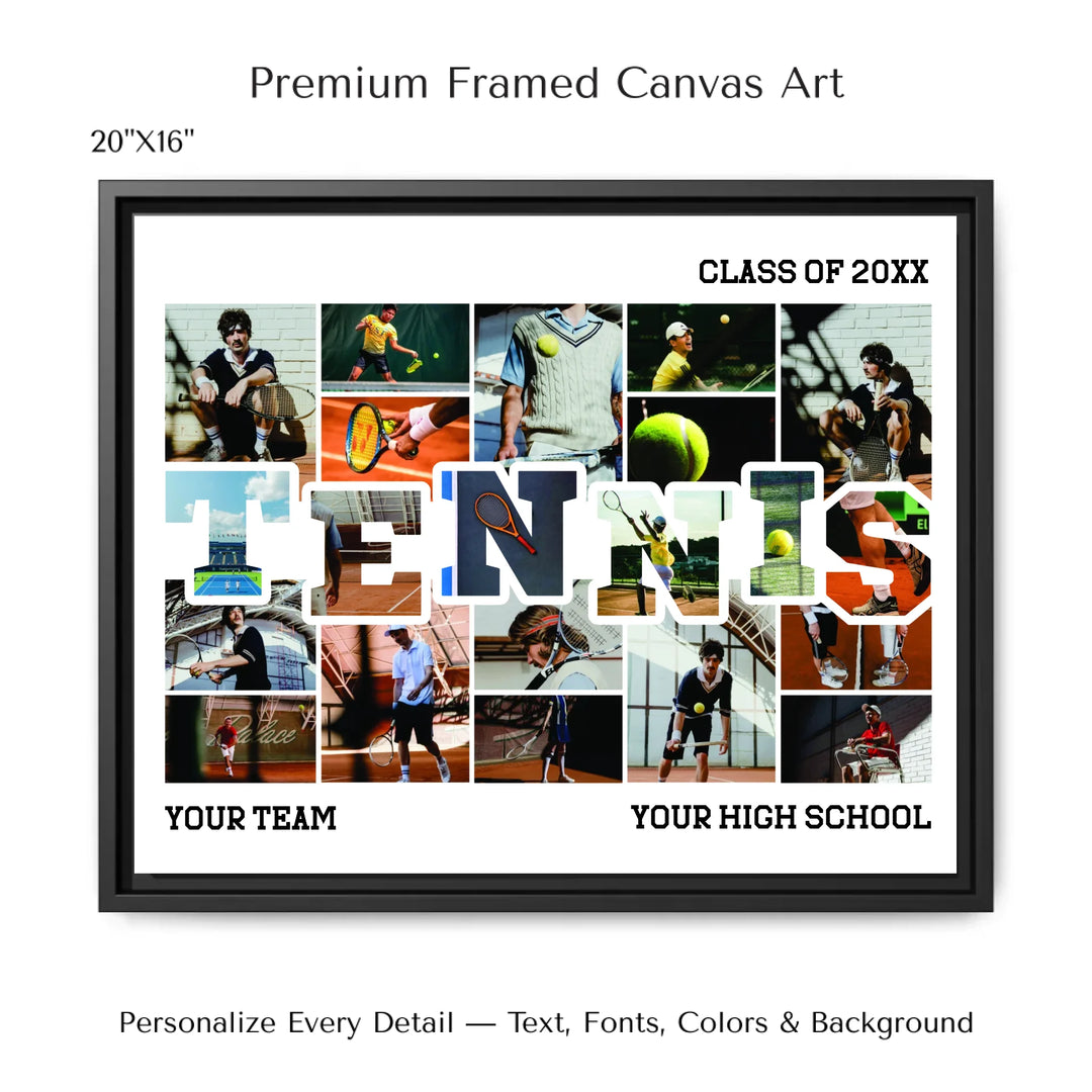 Custom photo tennis wall art with collage photos above and below TENNIS, personalized sports wall decor-20x16 framed canvas-ARTFULANE