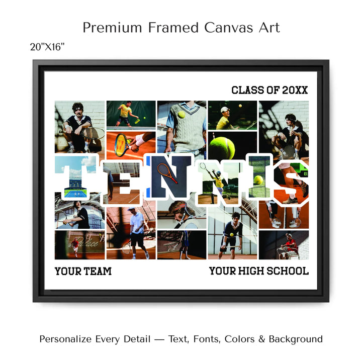 Custom photo tennis wall art with collage photos above and below TENNIS, personalized sports wall decor-20x16 framed canvas-ARTFULANE