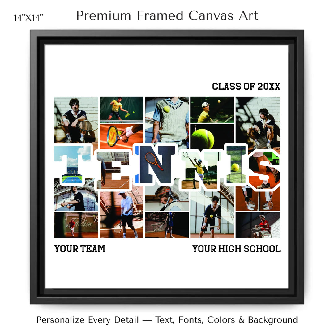Custom photo tennis wall art with collage photos above and below TENNIS, personalized sports wall decor-14x14 framed canvas-ARTFULANE