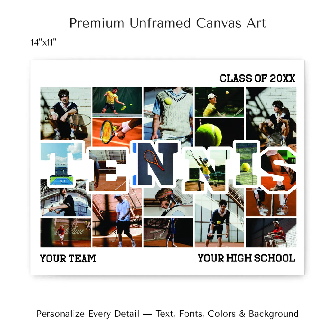 Custom photo tennis wall art with collage photos above and below TENNIS, personalized sports wall decor-14x11 stretched canvas-ARTFULANE