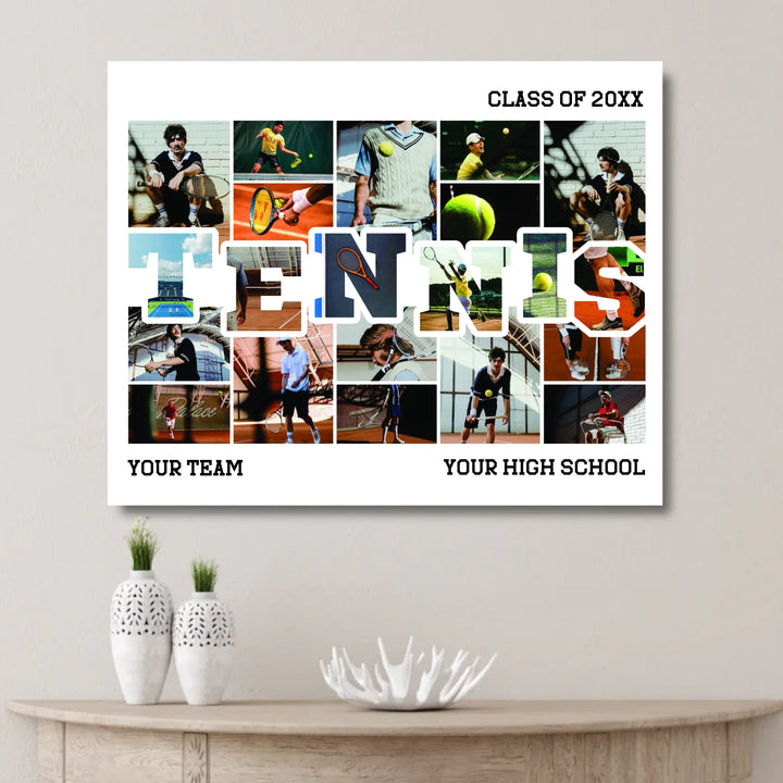 Custom photo tennis wall art with collage photos above and below TENNIS, personalized sports wall decor-unframed canvas on wall-ARTFULANE