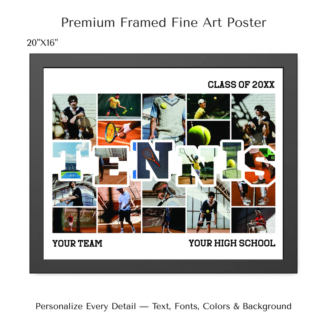 Custom photo tennis wall art with collage photos above and below TENNIS, personalized sports wall decor-20x16 framed poster-ARTFULANE