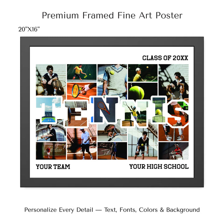 Custom photo tennis wall art with collage photos above and below TENNIS, personalized sports wall decor-20x16 framed poster-ARTFULANE