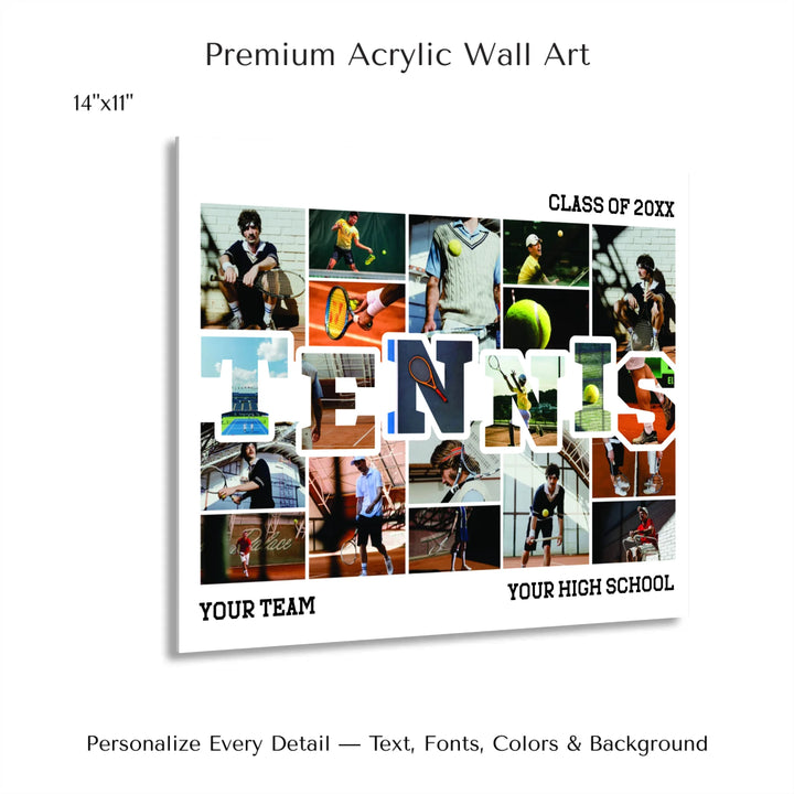 Custom photo tennis wall art with collage photos above and below TENNIS, personalized sports wall decor-14x11 acrylic print with french cleat-ARTFULANE